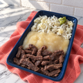 Marmitinha 250g - Tirinhas de carne, pure de aipim e arroz verde