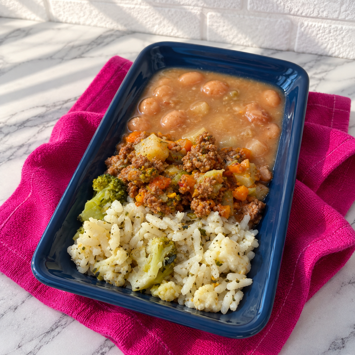 Marmitinha 180g - Carne moída com legumes, arroz verde e feijão carioca